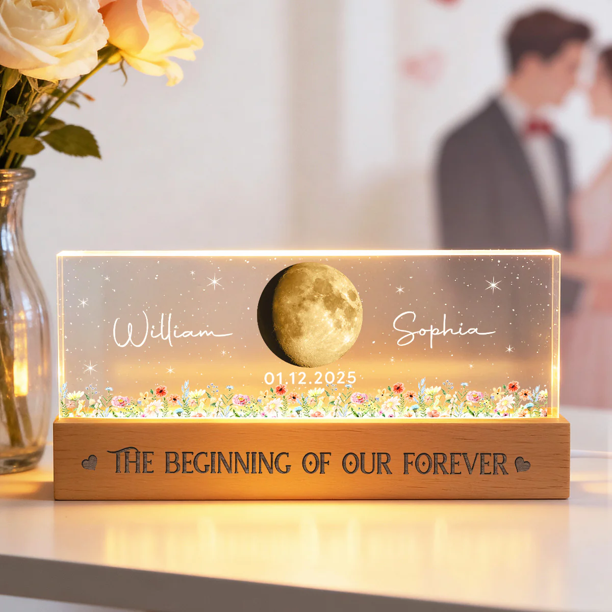 Floral Our Moon Couple Custom Moon Phase Anniversary Date - Personalized Acrylic Block LED Plaque Night Light - Gift For Couple - Image 3