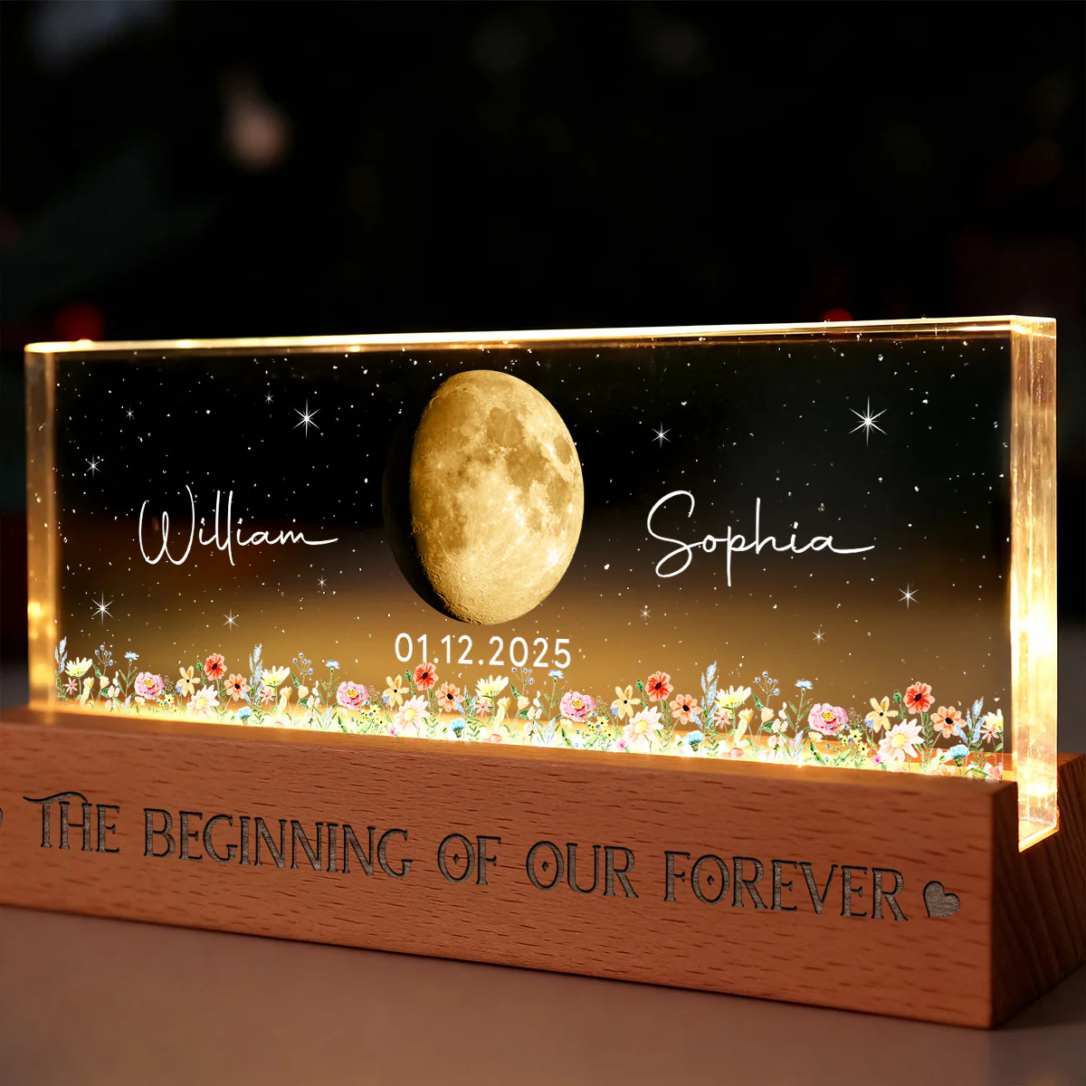 Floral Our Moon Couple Custom Moon Phase Anniversary Date - Personalized Acrylic Block LED Plaque Night Light - Gift For Couple - Image 6