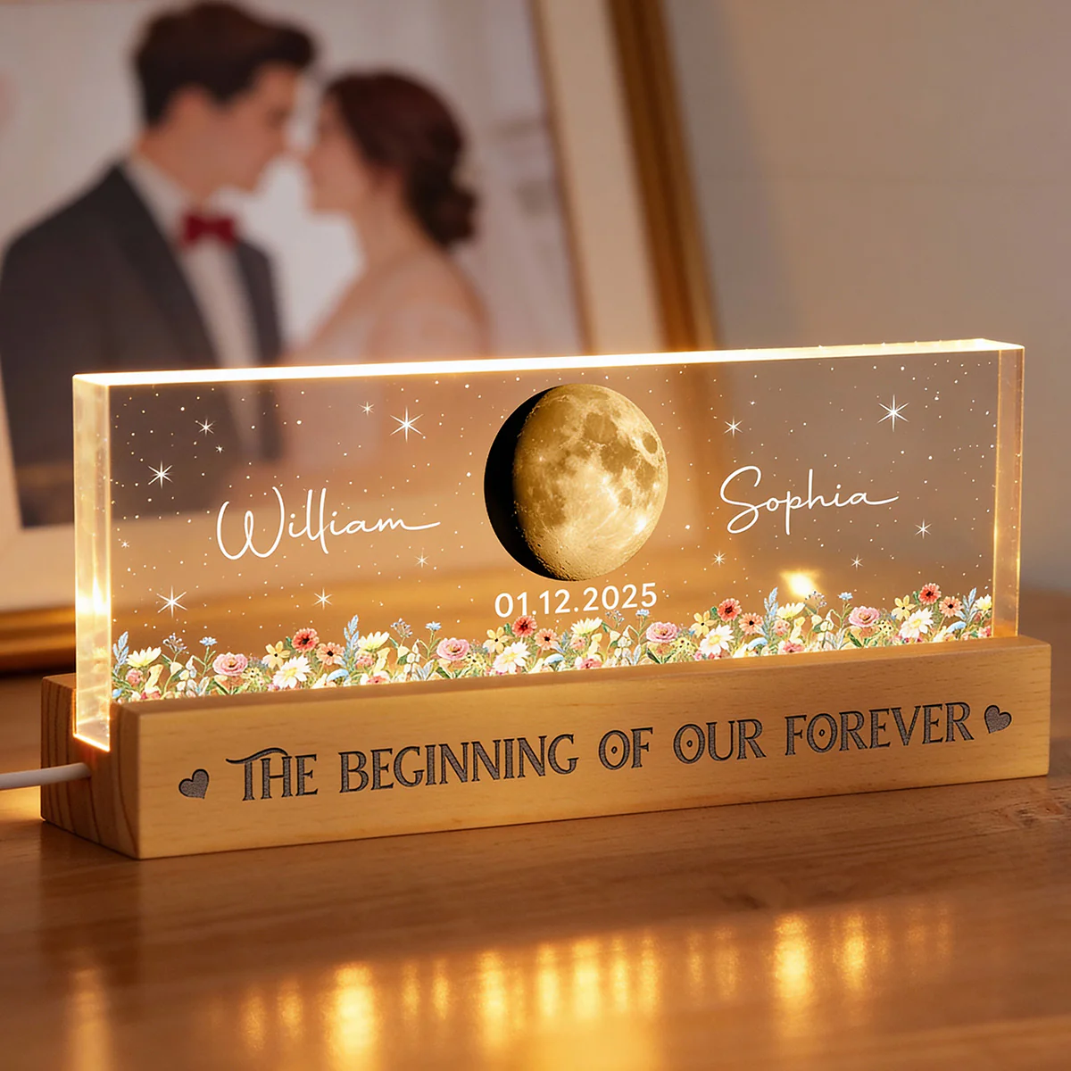 Floral Our Moon Couple Custom Moon Phase Anniversary Date - Personalized Acrylic Block LED Plaque Night Light - Gift For Couple - Image 8