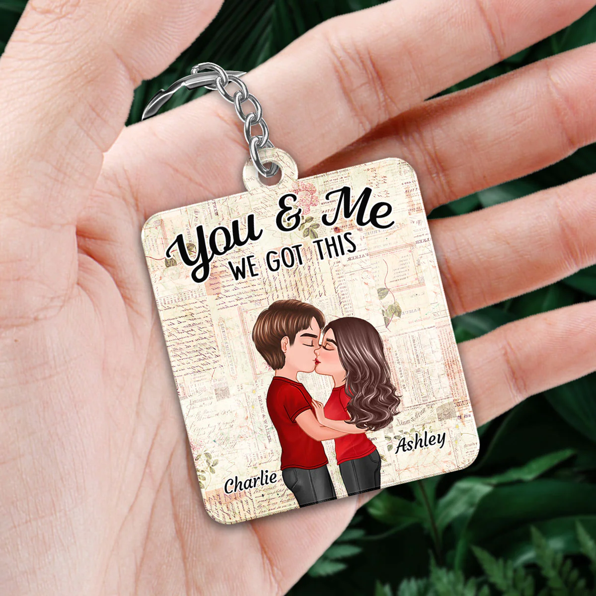 Floral Paper Doll Couple Kissing Favorite Song QR Code Personalized Acrylic Keychain - Image 2