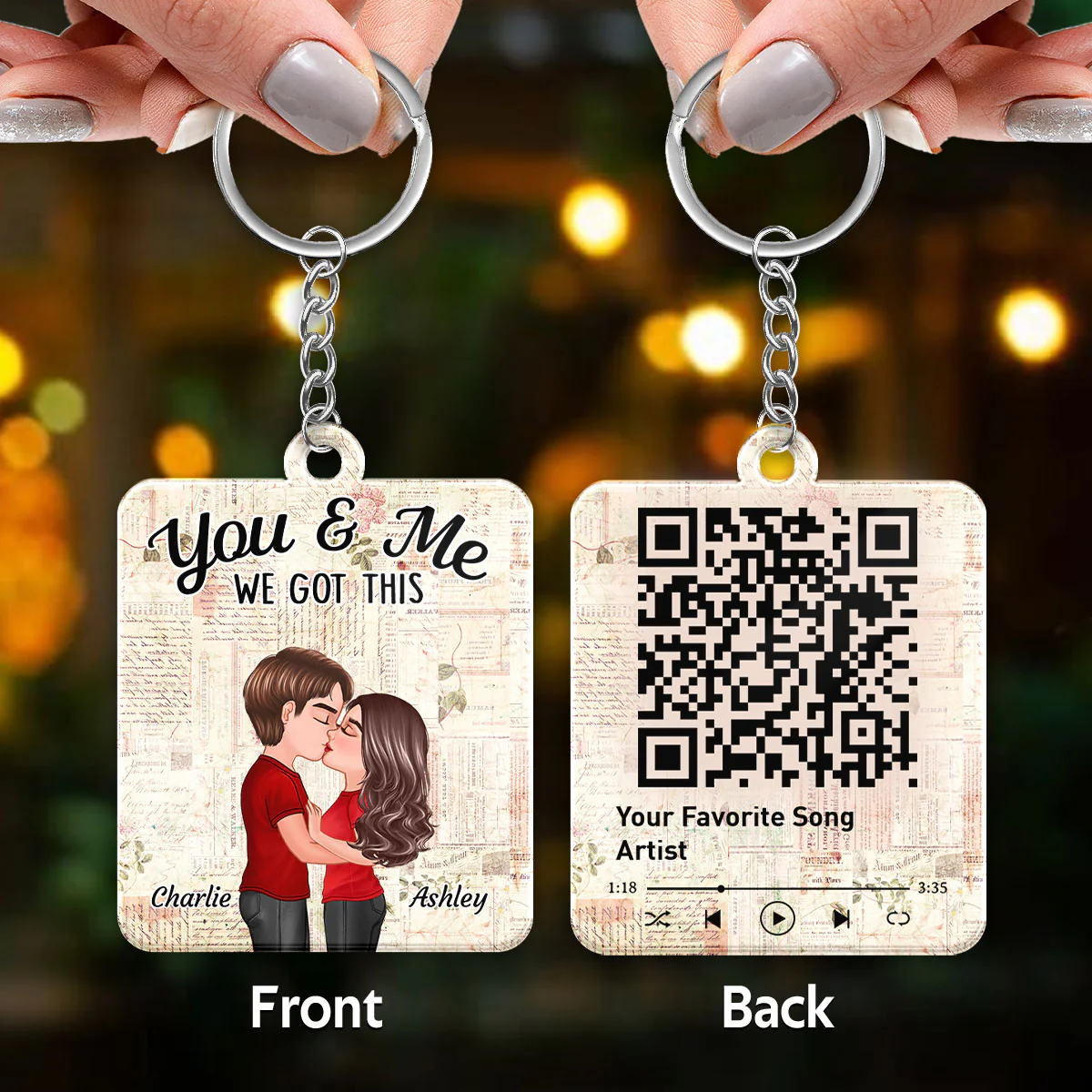 Floral Paper Doll Couple Kissing Favorite Song QR Code Personalized Acrylic Keychain - Image 3