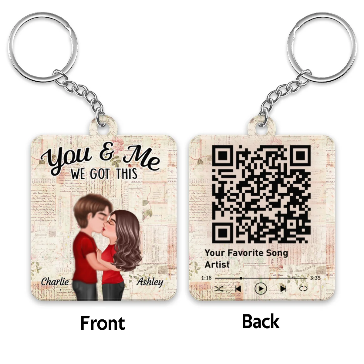 Floral Paper Doll Couple Kissing Favorite Song QR Code Personalized Acrylic Keychain - Image 4