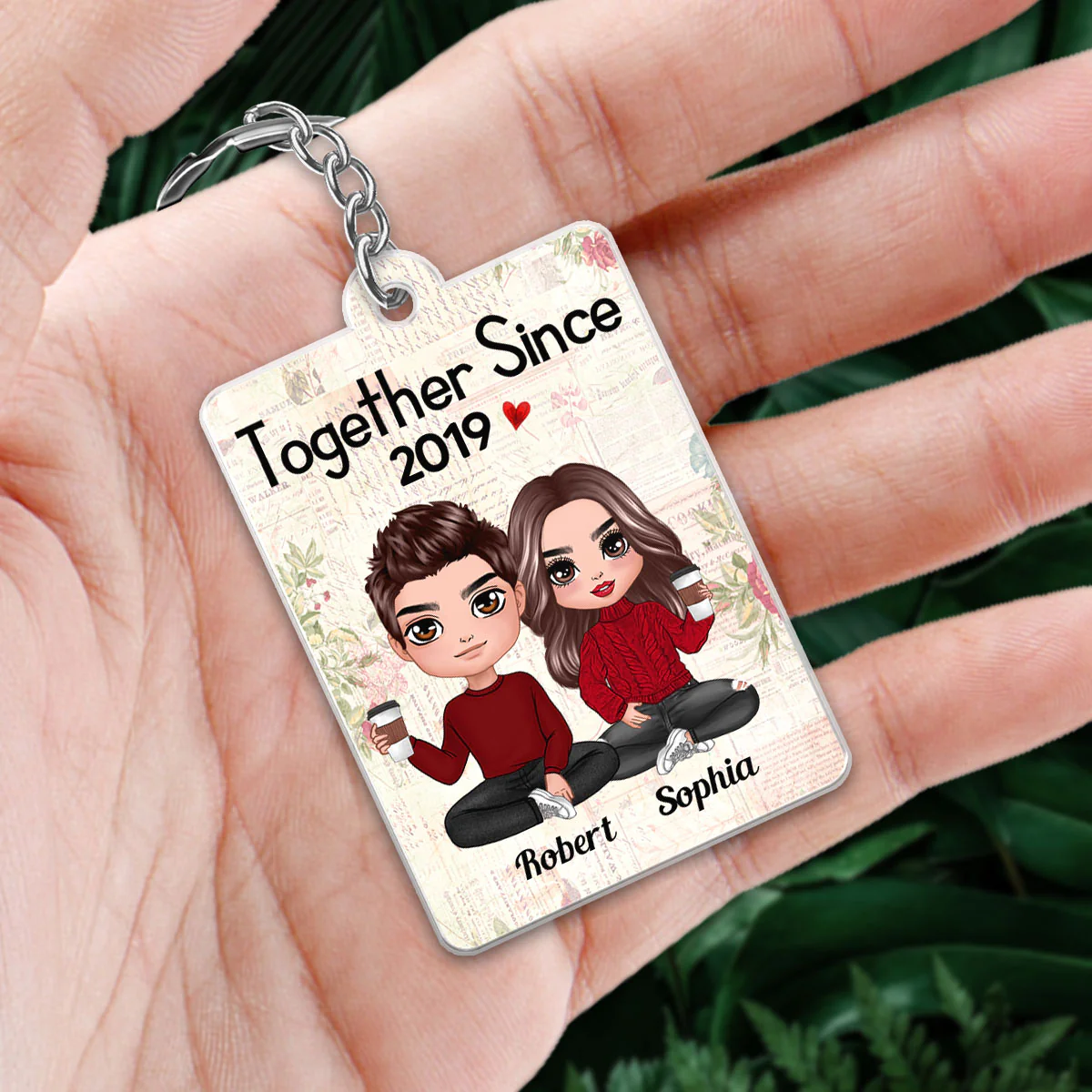Floral Paper Doll Couple Sitting Together Since Favorite Song Scannable QR Code Personalized Acrylic Keychain - Image 2