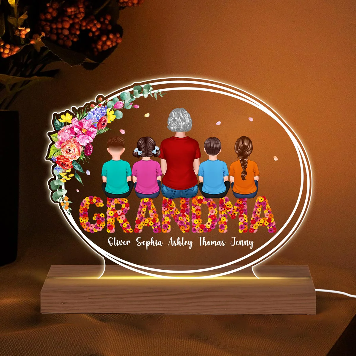 Floral Sitting Grandma With Grandchildren Personalized Custom Shape LED Night Light - Image 3