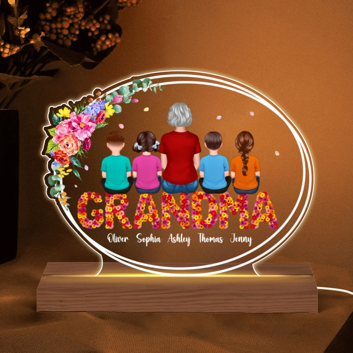 Floral Sitting Grandma With Grandchildren Personalized Custom Shape LED Night Light - Image 5