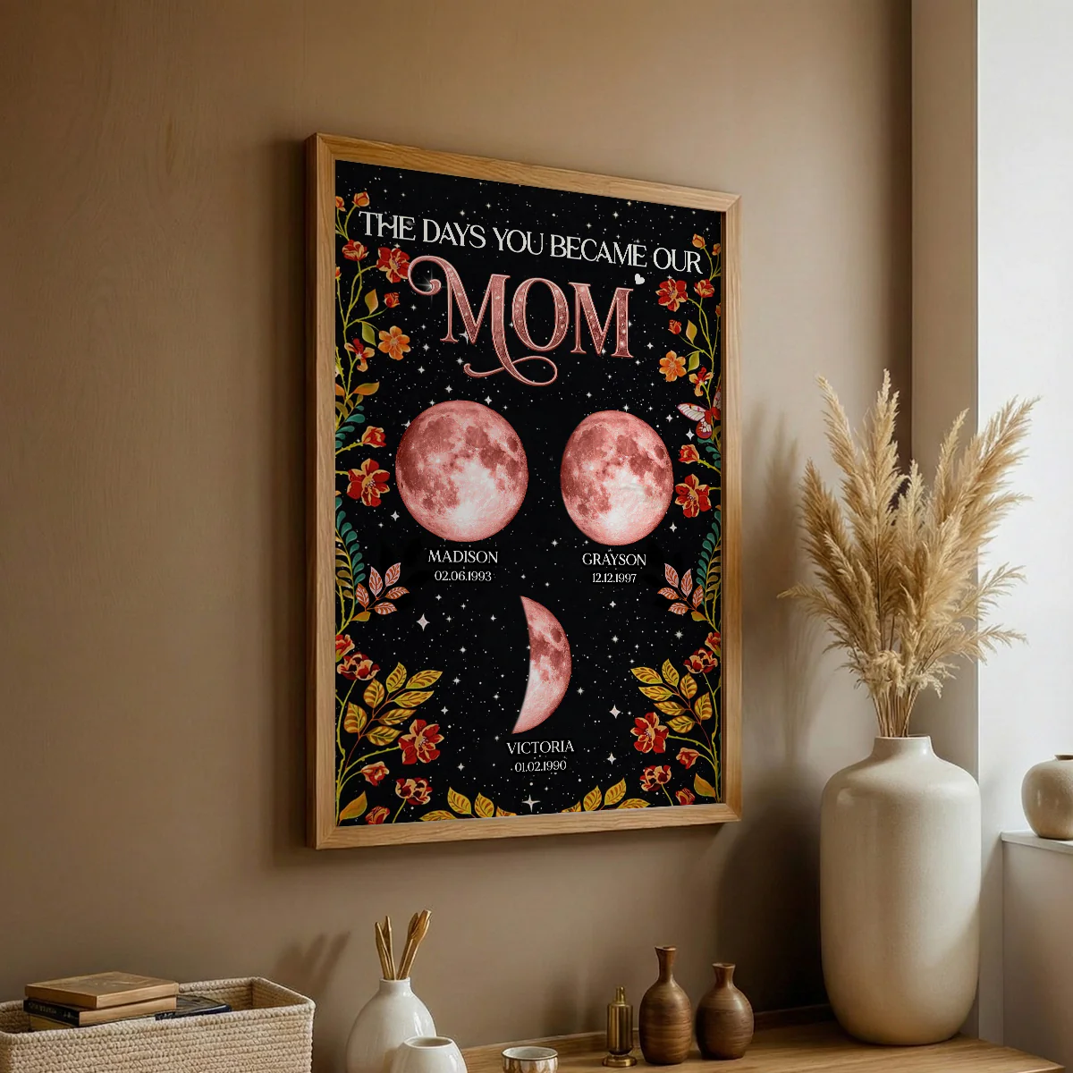 Floral Theme The Day You Became Mom Grandma Custom Birth Moon Phase - Personalized Poster - Mother's Day Gift For Mom, Grandma - Image 2