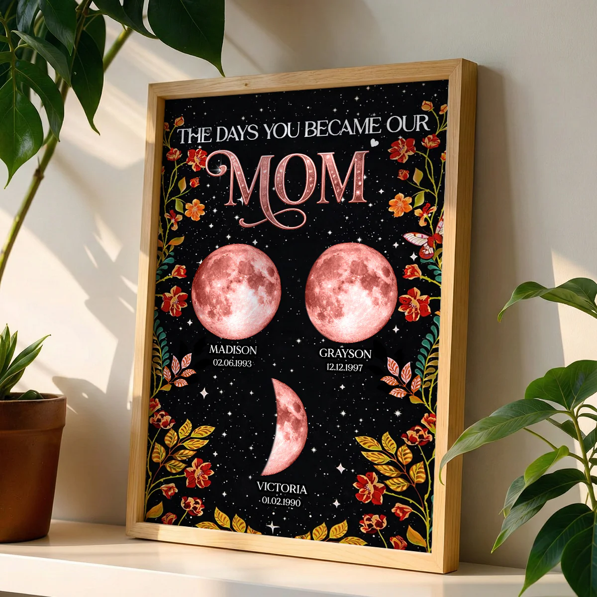 Floral Theme The Day You Became Mom Grandma Custom Birth Moon Phase - Personalized Poster - Mother's Day Gift For Mom, Grandma - Image 3