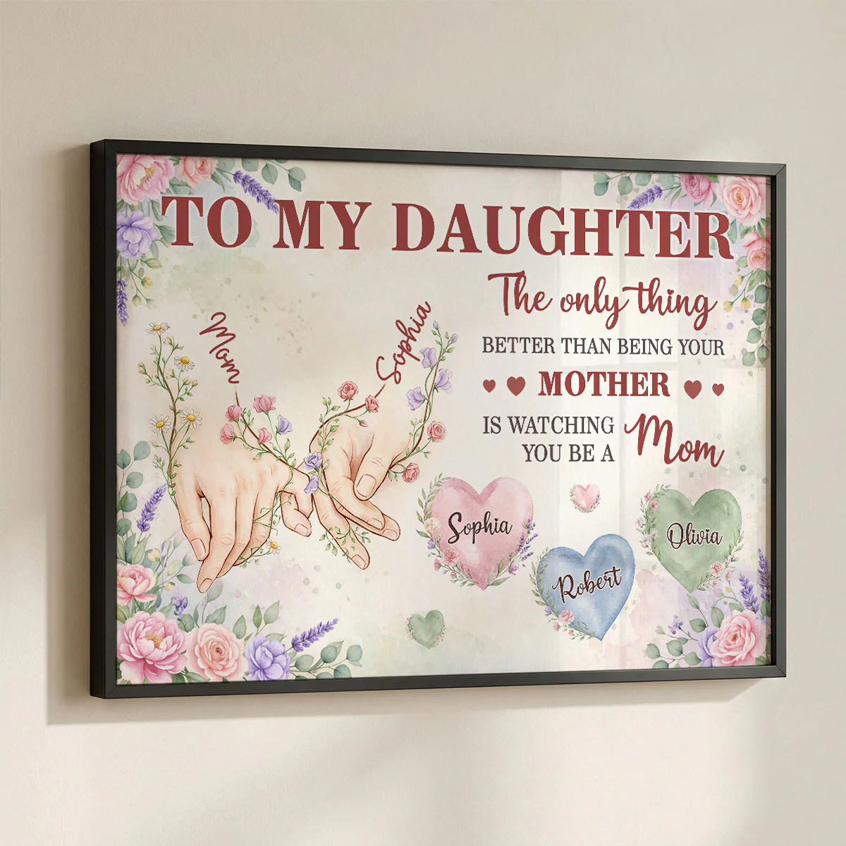 Floral To My Daughter Mom And Daughter Holding Hands Custom Kids Names - Personalized Poster - Mother's Day Gift For Daughter - Image 2