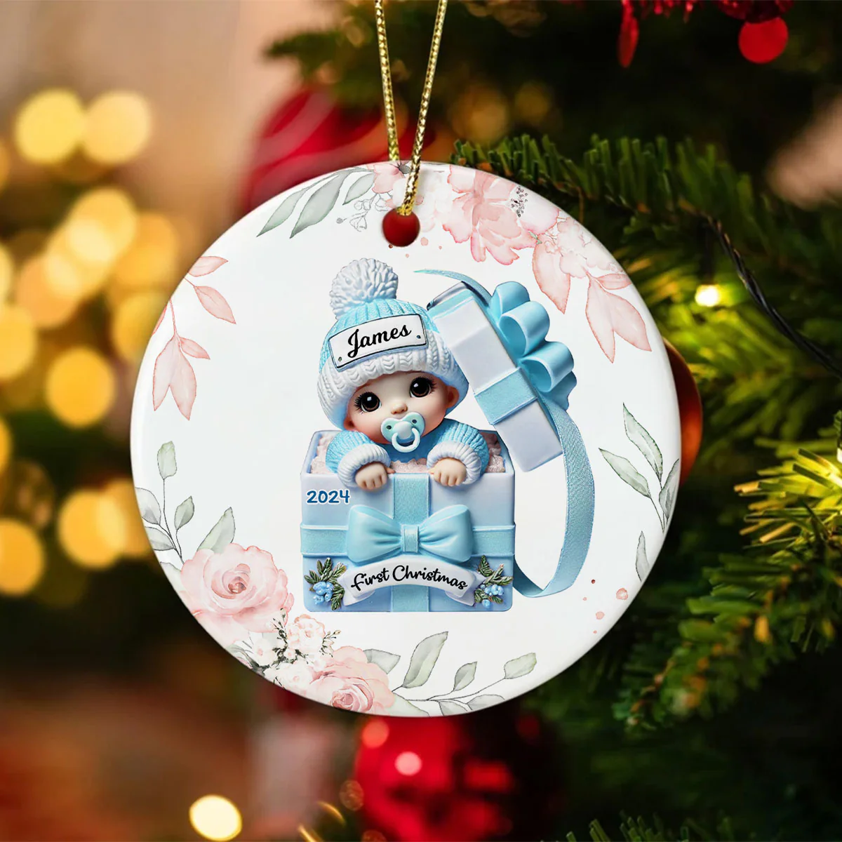 Floral Wreath Baby Inside Gift Box Personalized Ceramic Ornament, Baby First Christmas Keepsake - Image 2