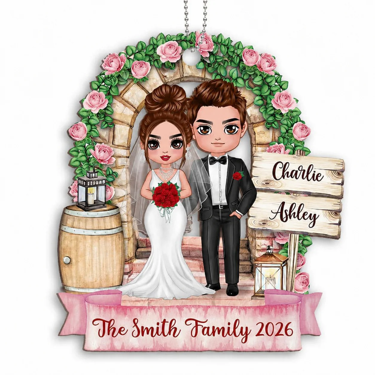 Flower Gate Doll Groom And Bride Personalized Wooden Ornament