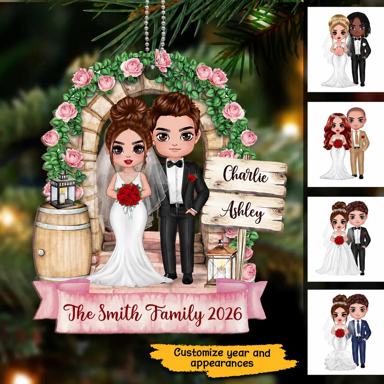 Flower Gate Doll Groom And Bride Personalized Wooden Ornament - Image 2