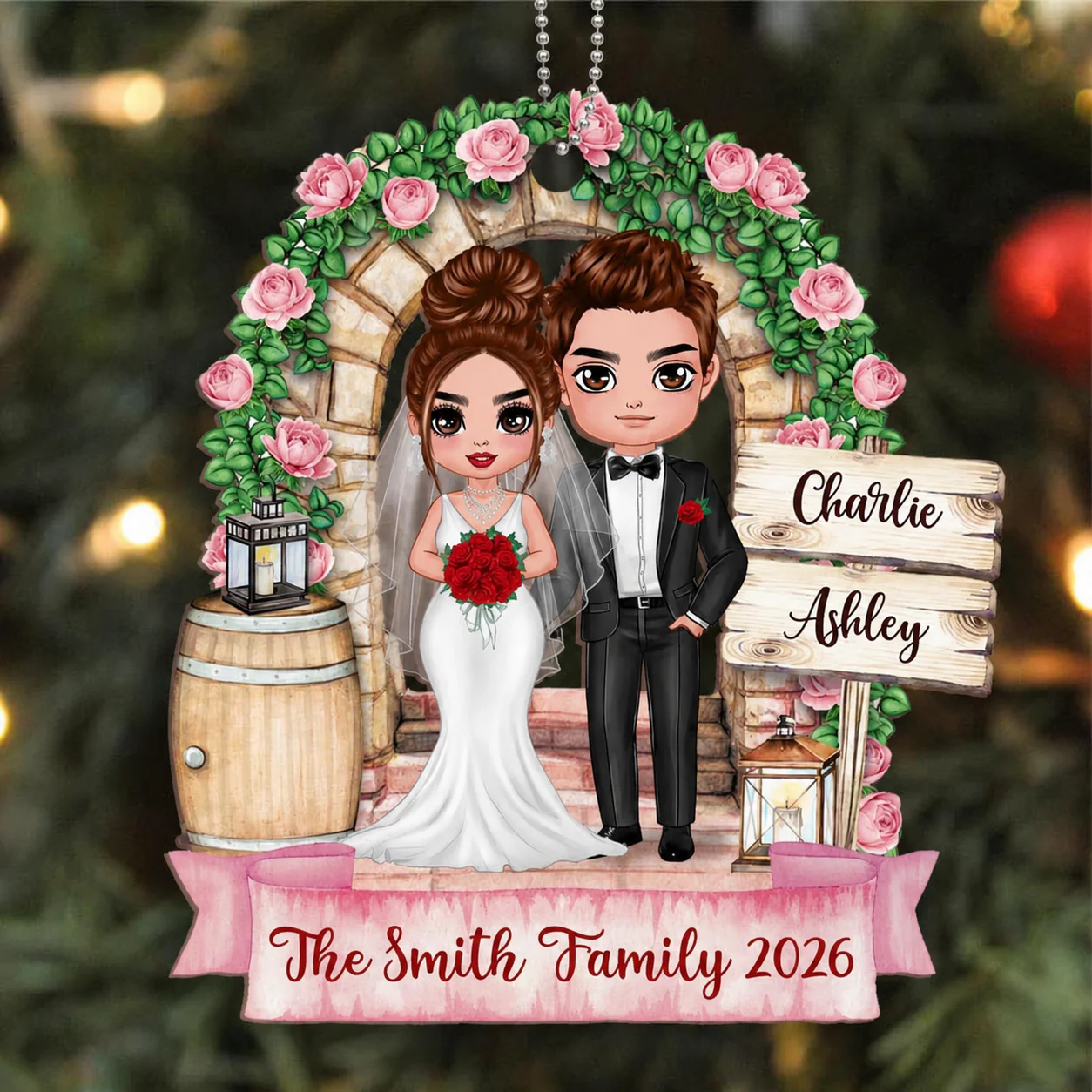 Flower Gate Doll Groom And Bride Personalized Wooden Ornament - Image 3