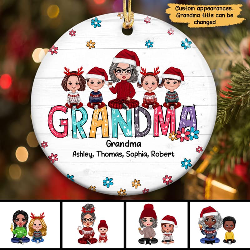 Flower Grandma Sitting With Grandkids Personalized Christmas Circle Ornament - Image 2