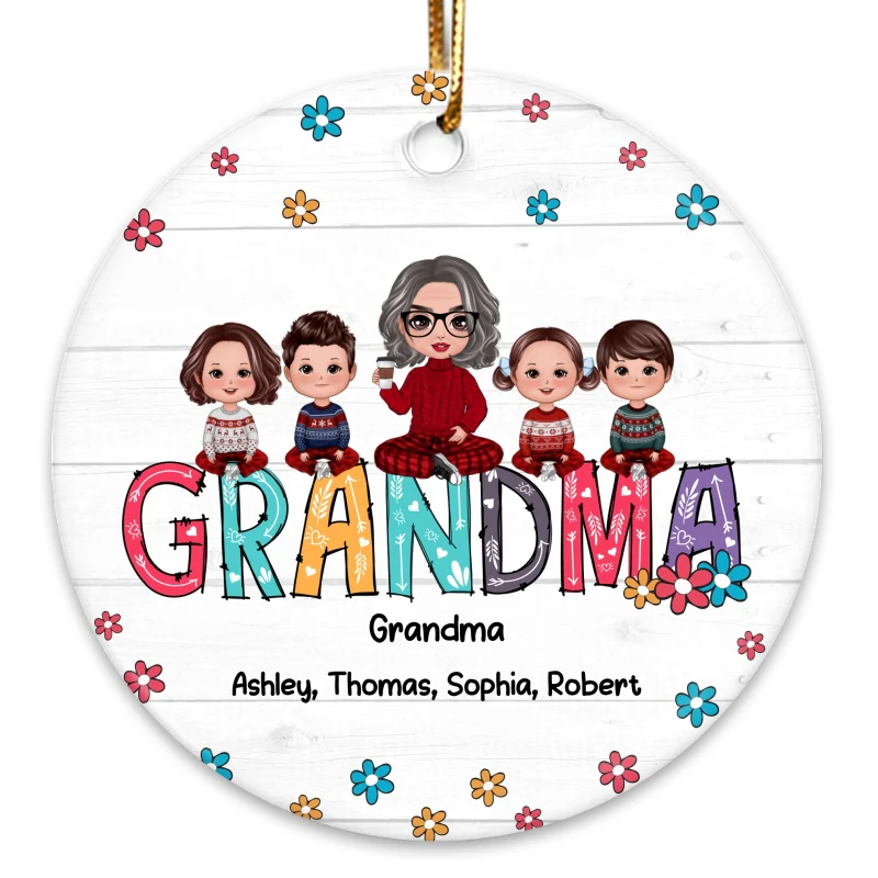 Flower Grandma Sitting With Grandkids Personalized Christmas Circle Ornament - Image 3
