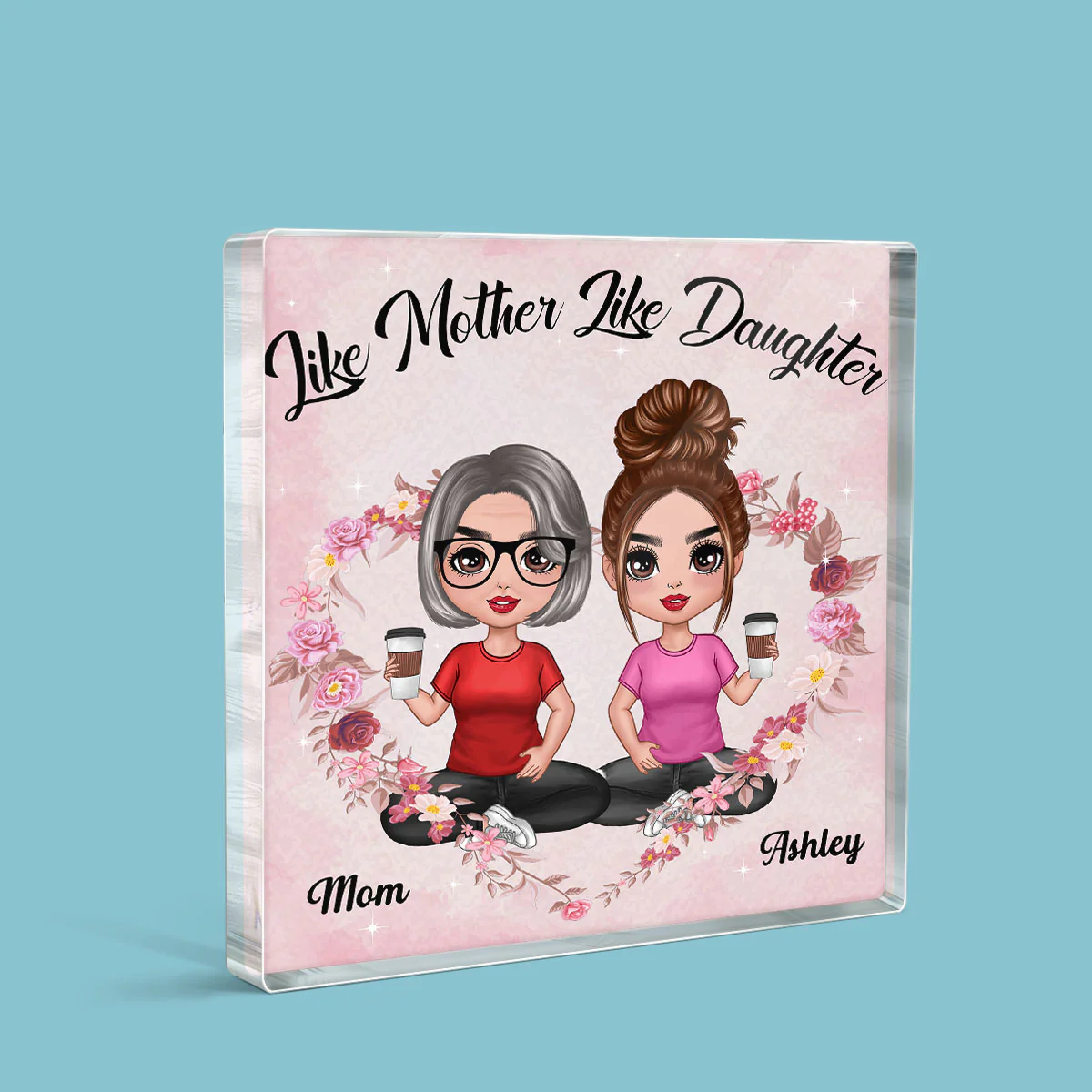Flower Heart Doll Mother And Daughter Sitting Like Daughter Personalized Acrylic Block Plaque - Image 2