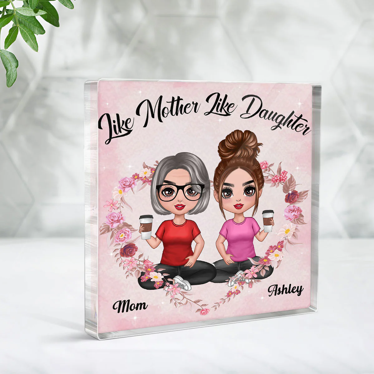 Flower Heart Doll Mother And Daughter Sitting Like Daughter Personalized Acrylic Block Plaque - Image 3