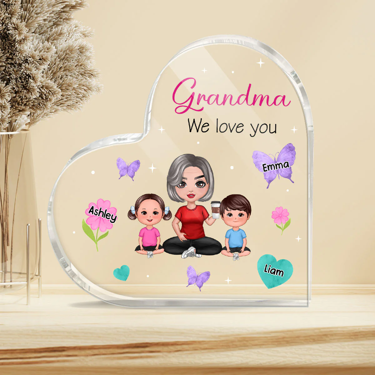 Flowers Butterflies Hearts Doll Grandma Grandkids Personalized Acrylic Heart Plaque