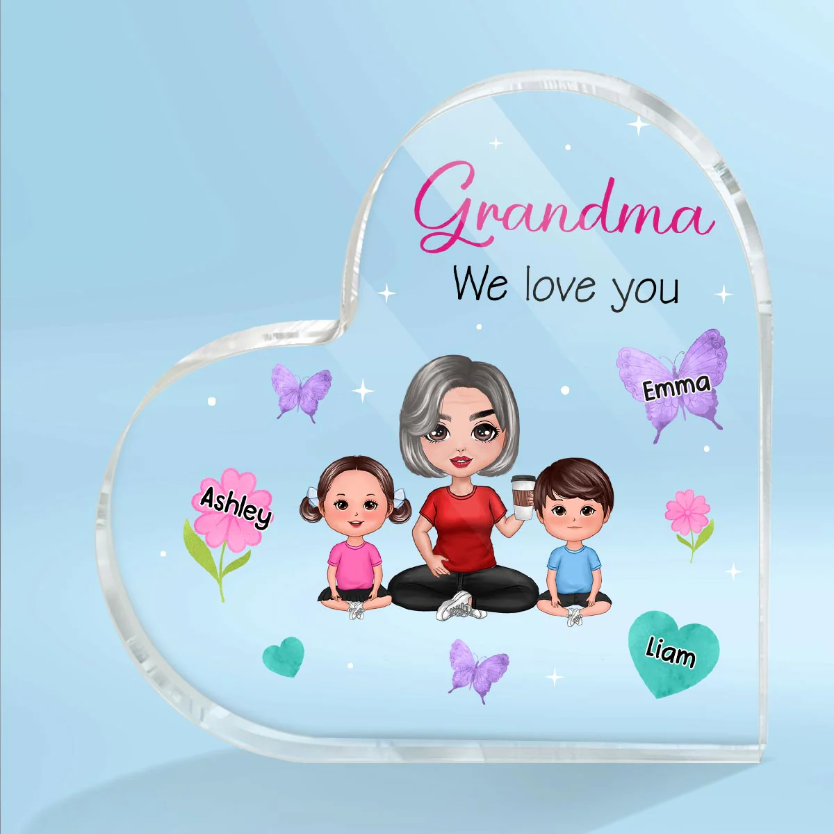 Flowers Butterflies Hearts Doll Grandma Grandkids Personalized Acrylic Heart Plaque - Image 2