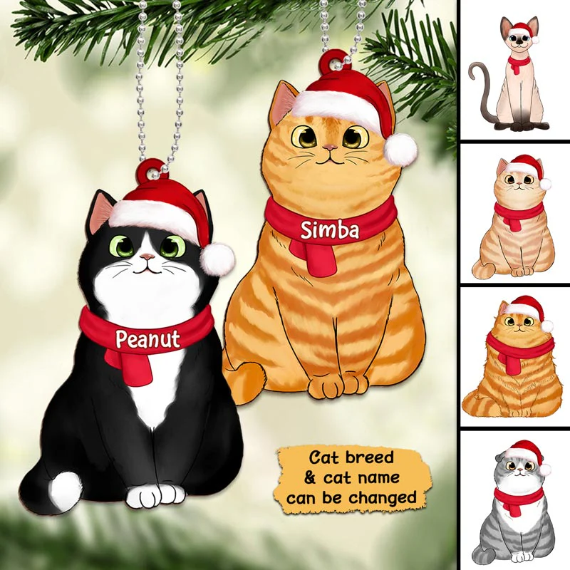 Fluffy Cat Christmas Hat Personalized Wooden Ornament - Image 2