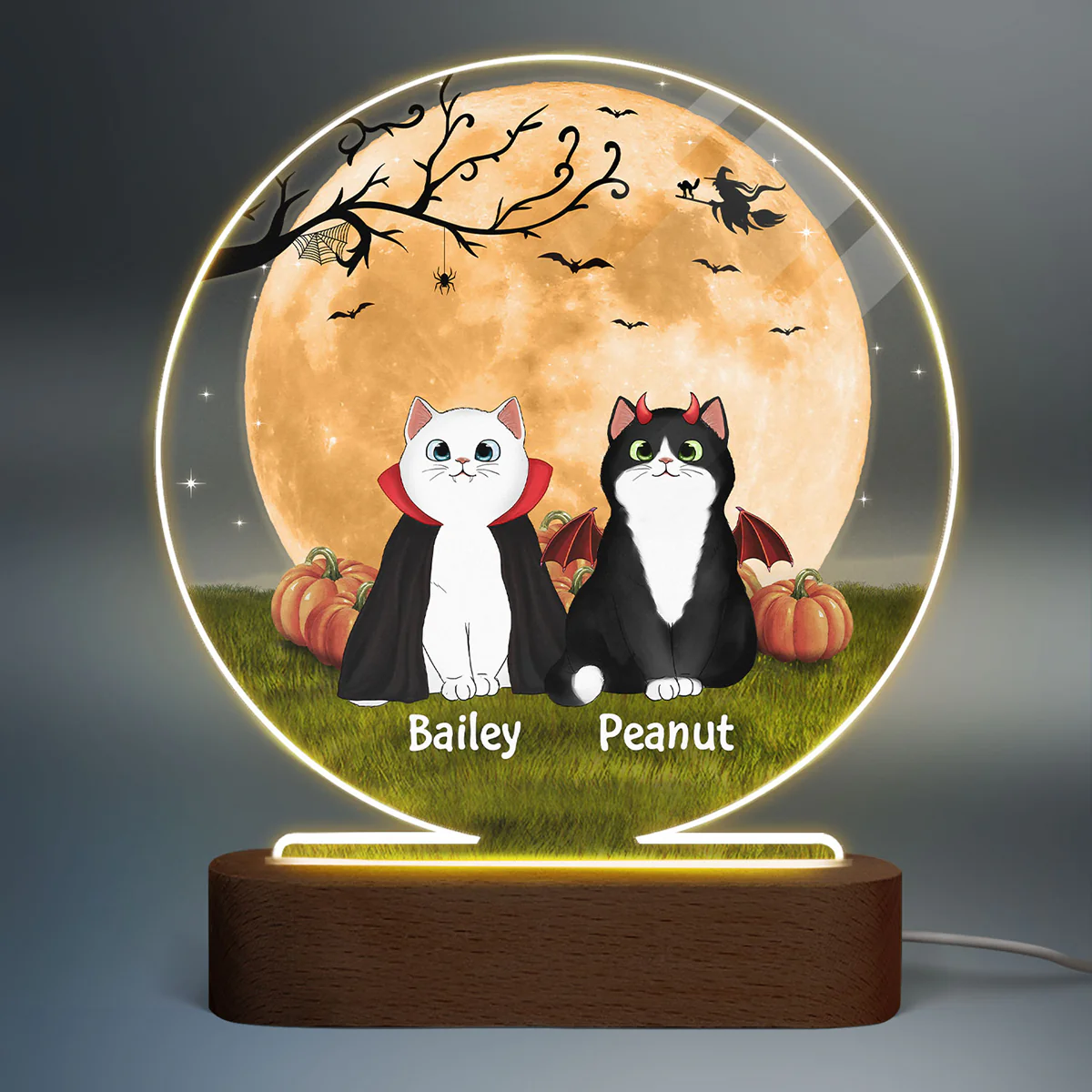 Fluffy Cat Halloween Full Moon Personalized Circle LED Night Light - Image 2