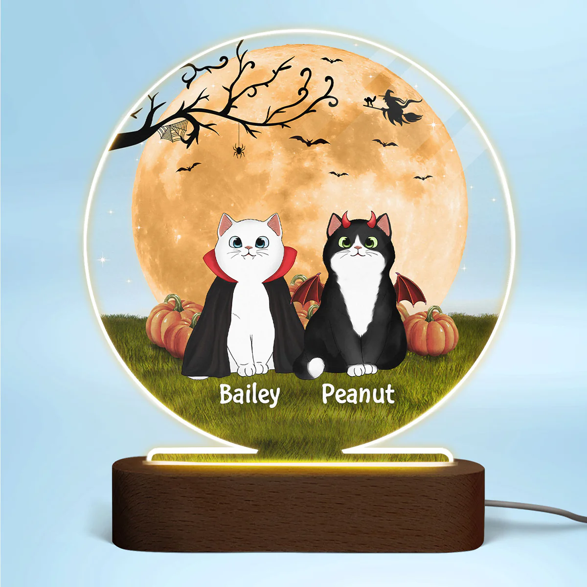 Fluffy Cat Halloween Full Moon Personalized Circle LED Night Light - Image 3
