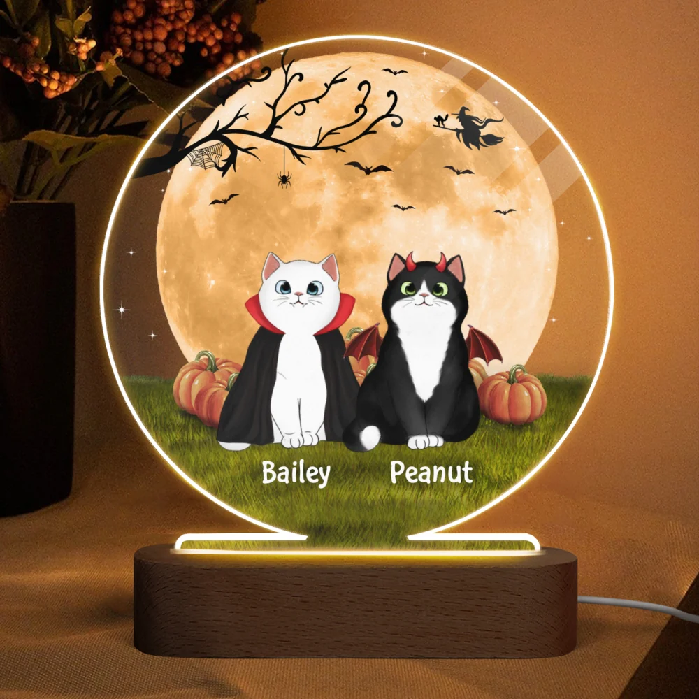 Fluffy Cat Halloween Full Moon Personalized Circle LED Night Light - Image 4