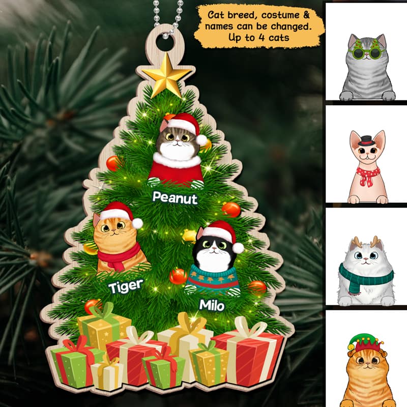 Fluffy Cat In Christmas Tree Personalized Wooden Ornament - Image 2