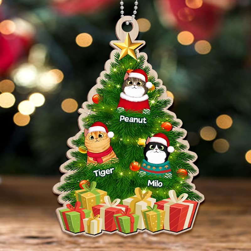 Fluffy Cat In Christmas Tree Personalized Wooden Ornament - Image 3