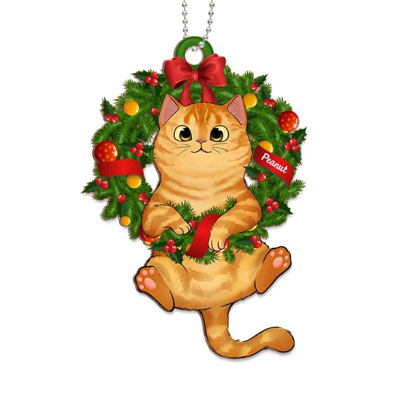 Fluffy Cat On Christmas Wreath Personalized Wooden Ornament