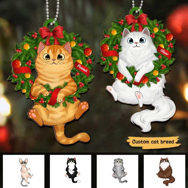 Fluffy Cat On Christmas Wreath Personalized Wooden Ornament - Image 3