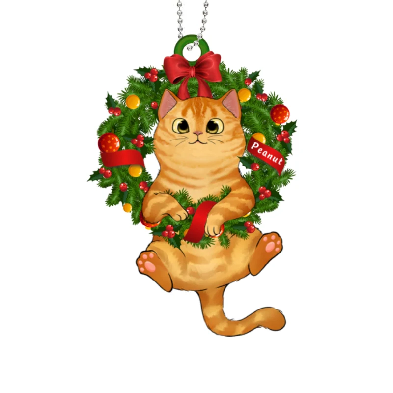 Fluffy Cat On Christmas Wreath Personalized Wooden Ornament - Image 4