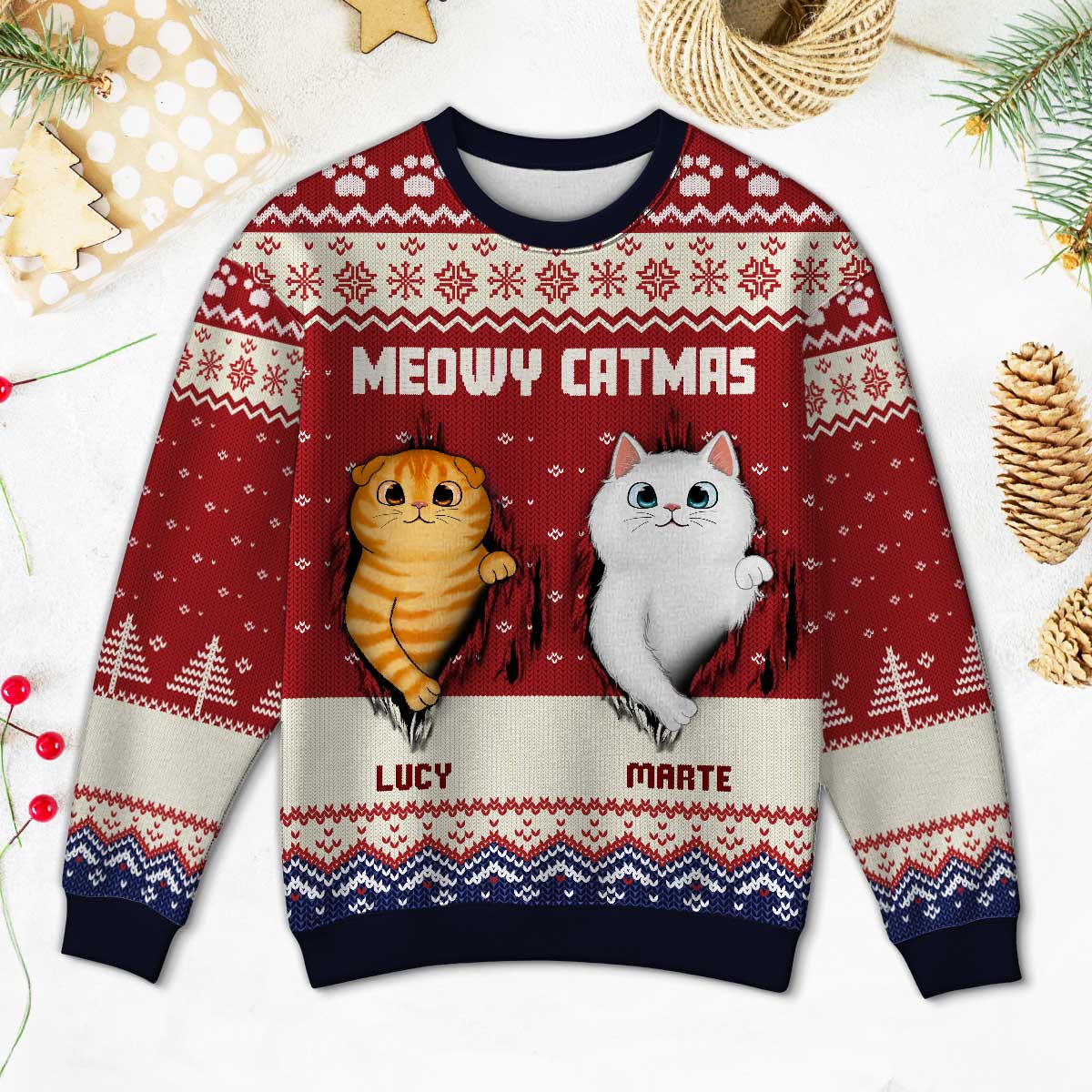 Fluffy Cat Tearing Funny Gift For Cat Lover Personalized Faux Knit Ugly Sweater