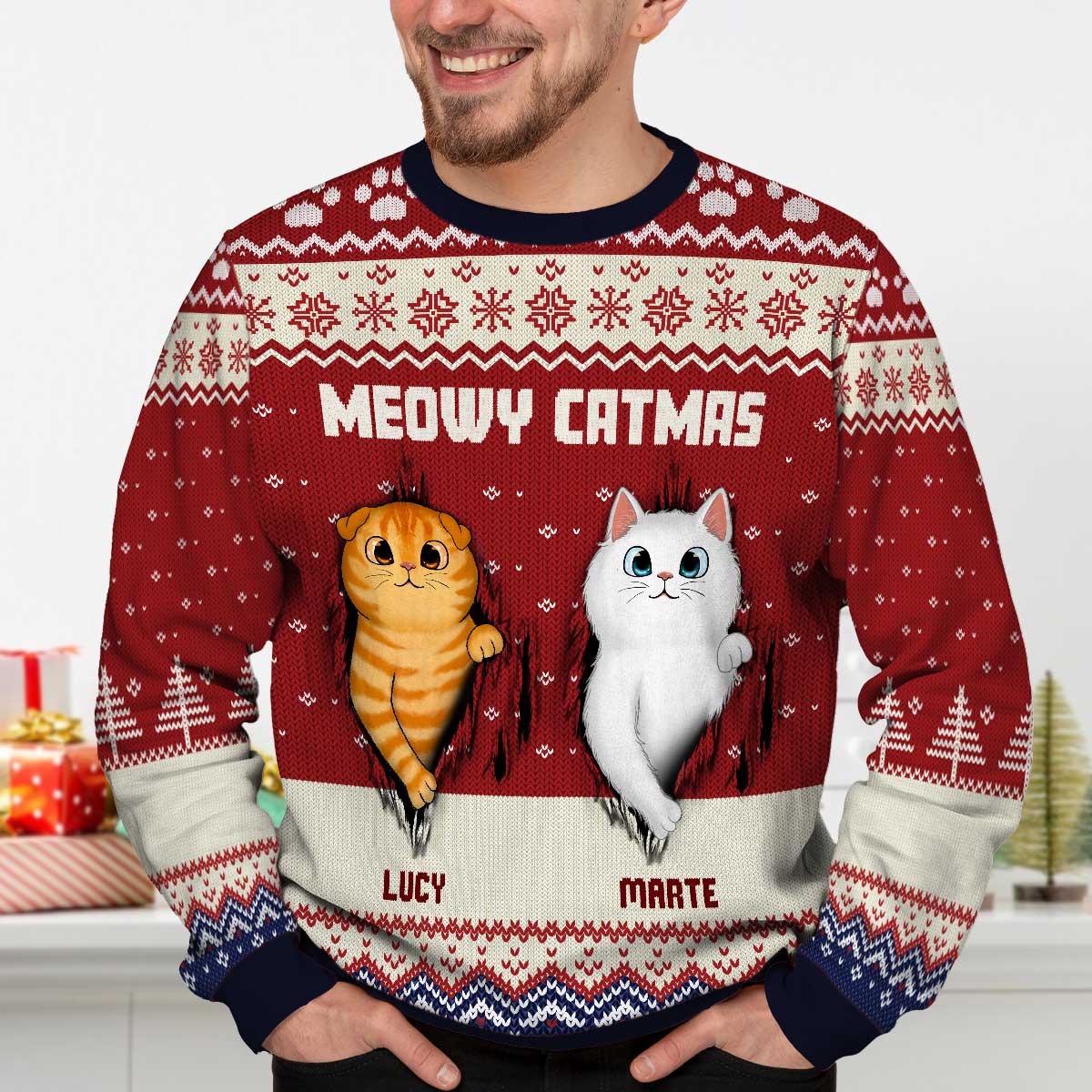 Fluffy Cat Tearing Funny Gift For Cat Lover Personalized Faux Knit Ugly Sweater - Image 2