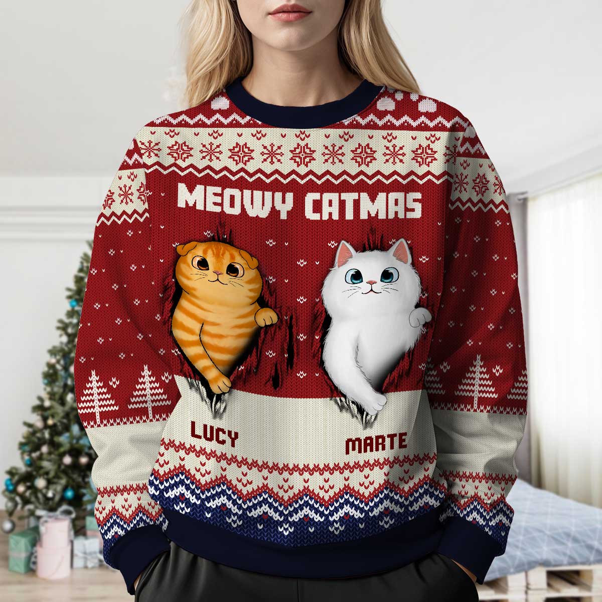 Fluffy Cat Tearing Funny Gift For Cat Lover Personalized Faux Knit Ugly Sweater - Image 3