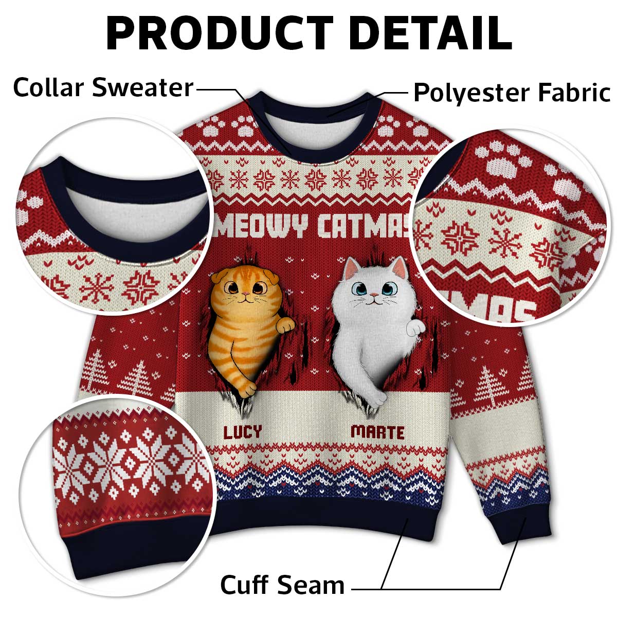 Fluffy Cat Tearing Funny Gift For Cat Lover Personalized Faux Knit Ugly Sweater - Image 5