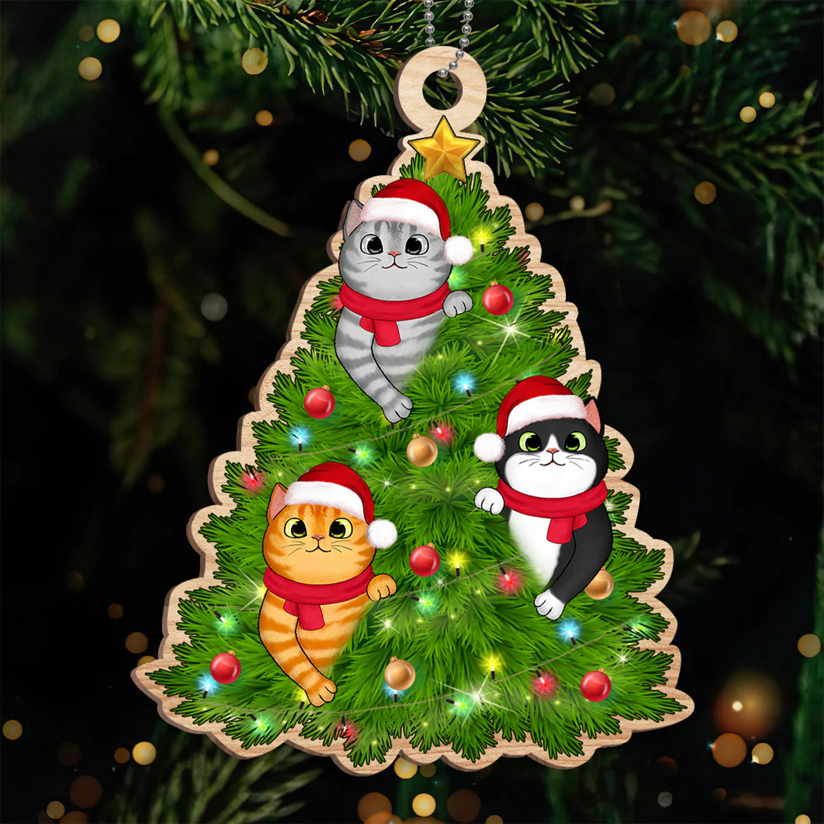 Fluffy Cats Playing On Christmas Tree Personalized Wooden Ornament - Image 2