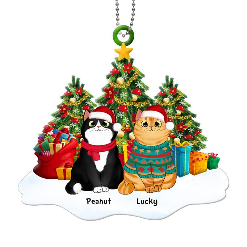 Fluffy Cats Sitting On Snow Christmas Tree Personalized Acrylic Ornament - Image 2