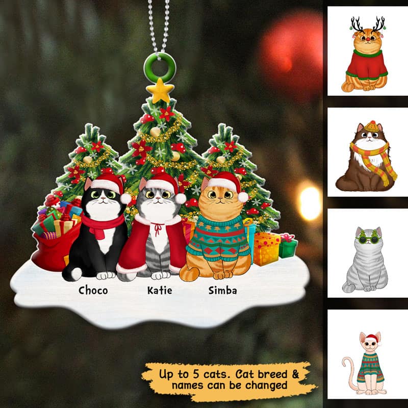 Fluffy Cats Sitting On Snow Christmas Tree Personalized Acrylic Ornament - Image 3