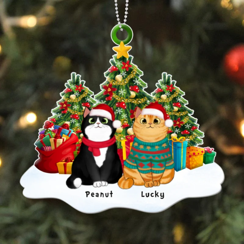 Fluffy Cats Sitting On Snow Christmas Tree Personalized Acrylic Ornament - Image 4