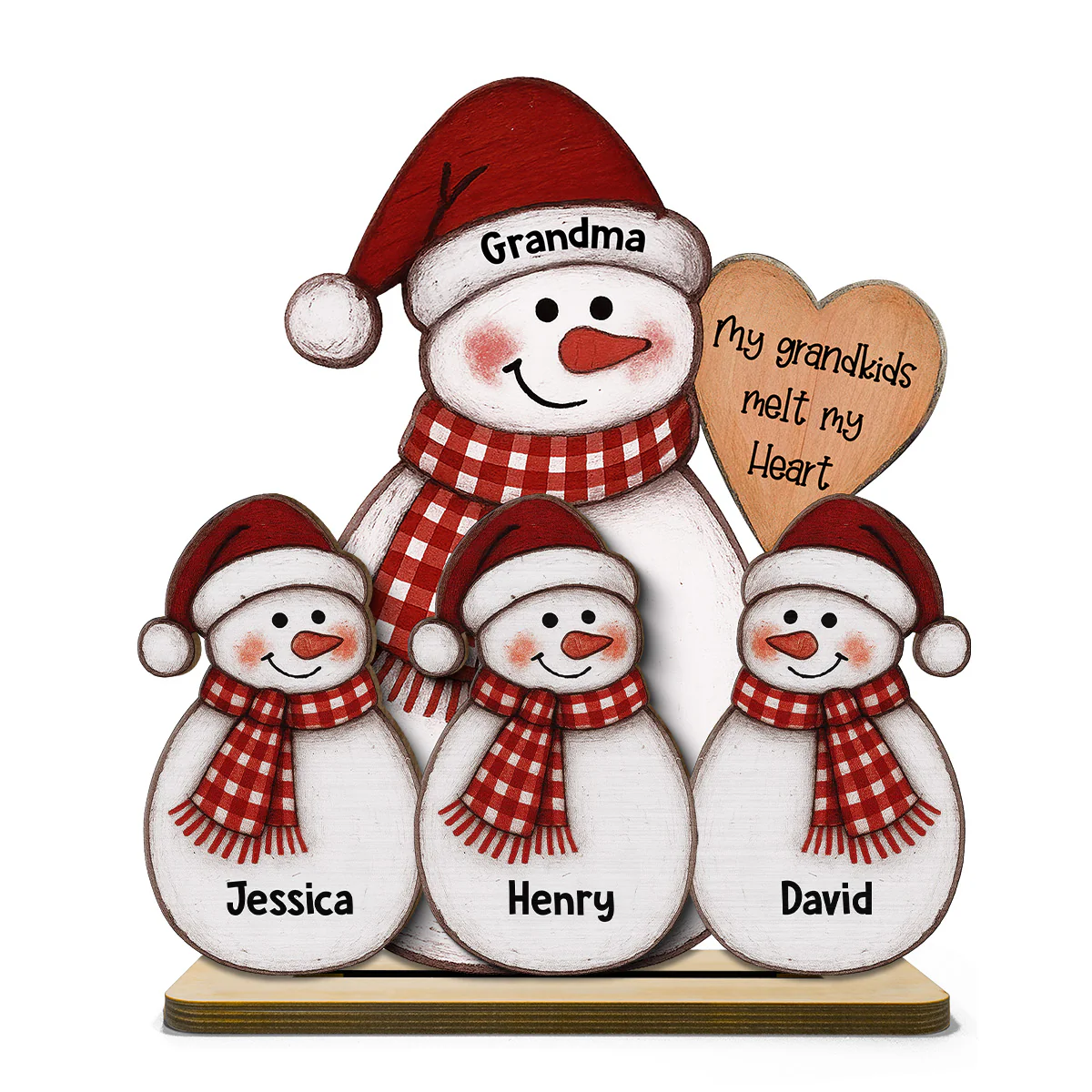 Folk Art Cute Snowman Grandma & Grandkid - Personalized 2-Layer Wooden Plaque - Christmas Decor - Image 2
