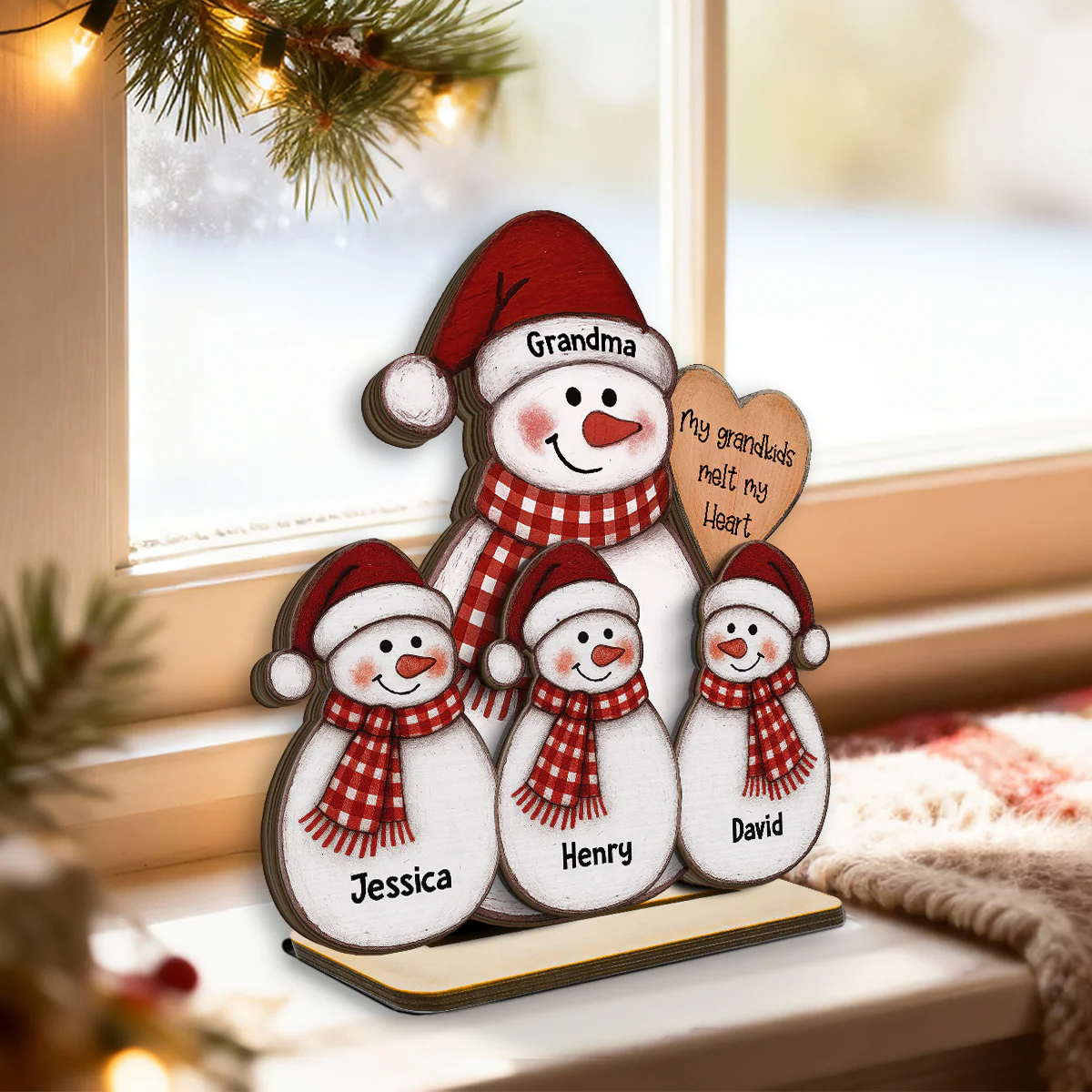Folk Art Cute Snowman Grandma & Grandkid - Personalized 2-Layer Wooden Plaque - Christmas Decor - Image 3