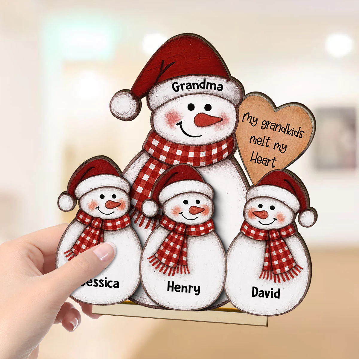 Folk Art Cute Snowman Grandma & Grandkid - Personalized 2-Layer Wooden Plaque - Christmas Decor - Image 4