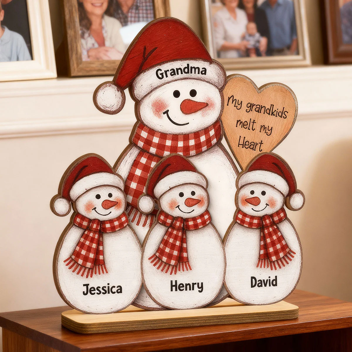 Folk Art Cute Snowman Grandma & Grandkid - Personalized 2-Layer Wooden Plaque - Christmas Decor - Image 5