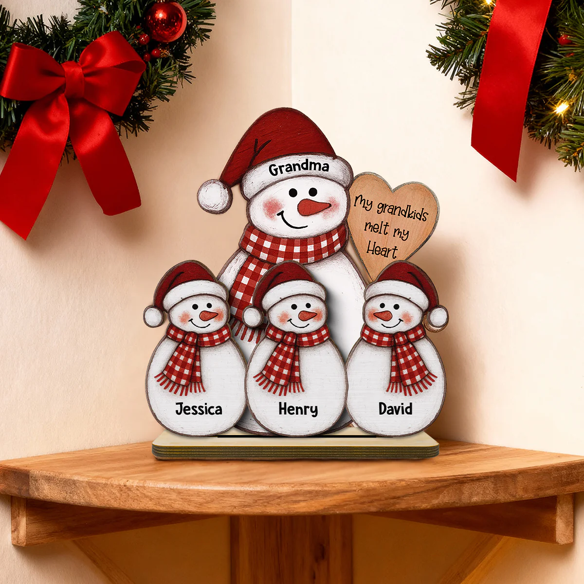 Folk Art Cute Snowman Grandma & Grandkid - Personalized 2-Layer Wooden Plaque - Christmas Decor - Image 6