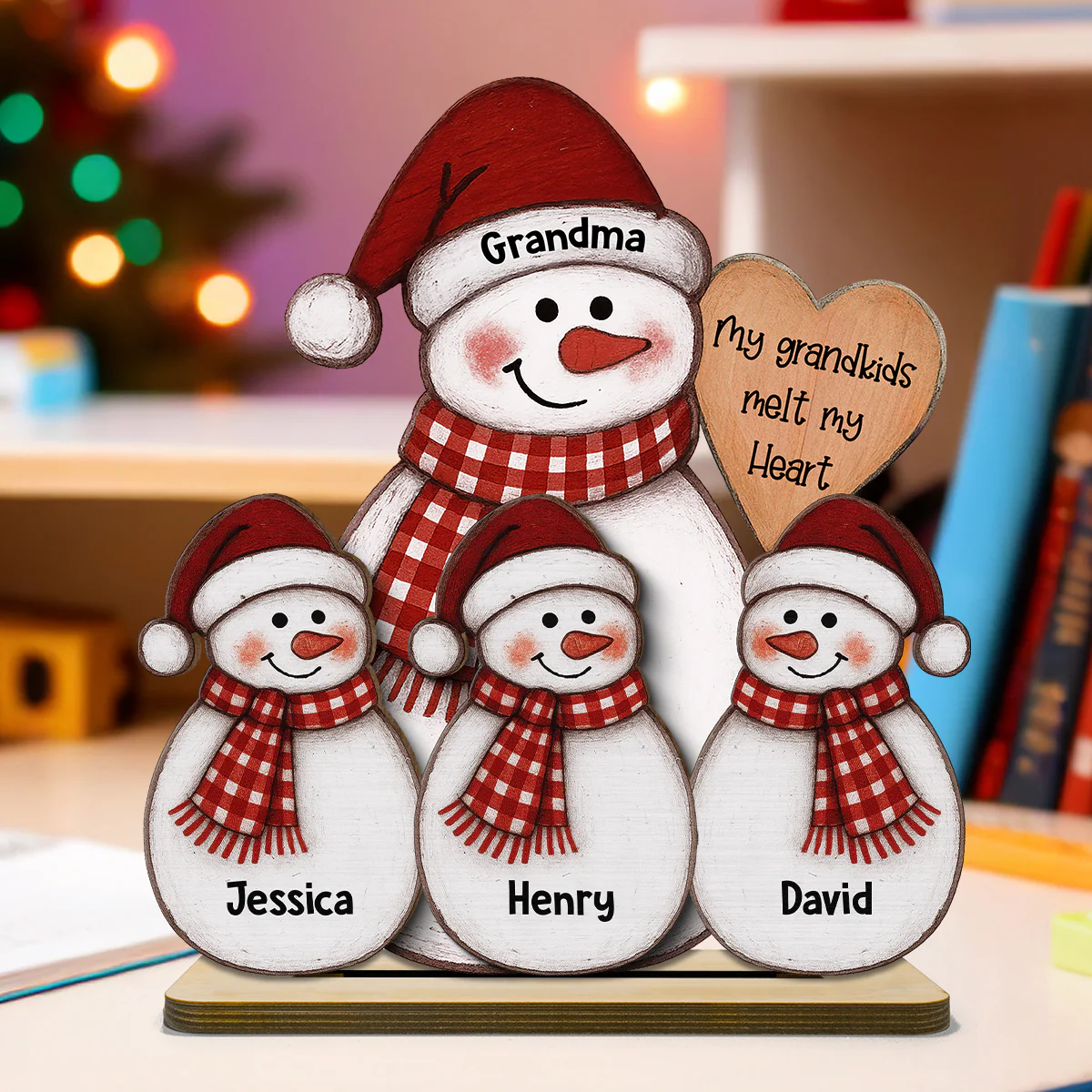 Folk Art Cute Snowman Grandma & Grandkid - Personalized 2-Layer Wooden Plaque - Christmas Decor - Image 7