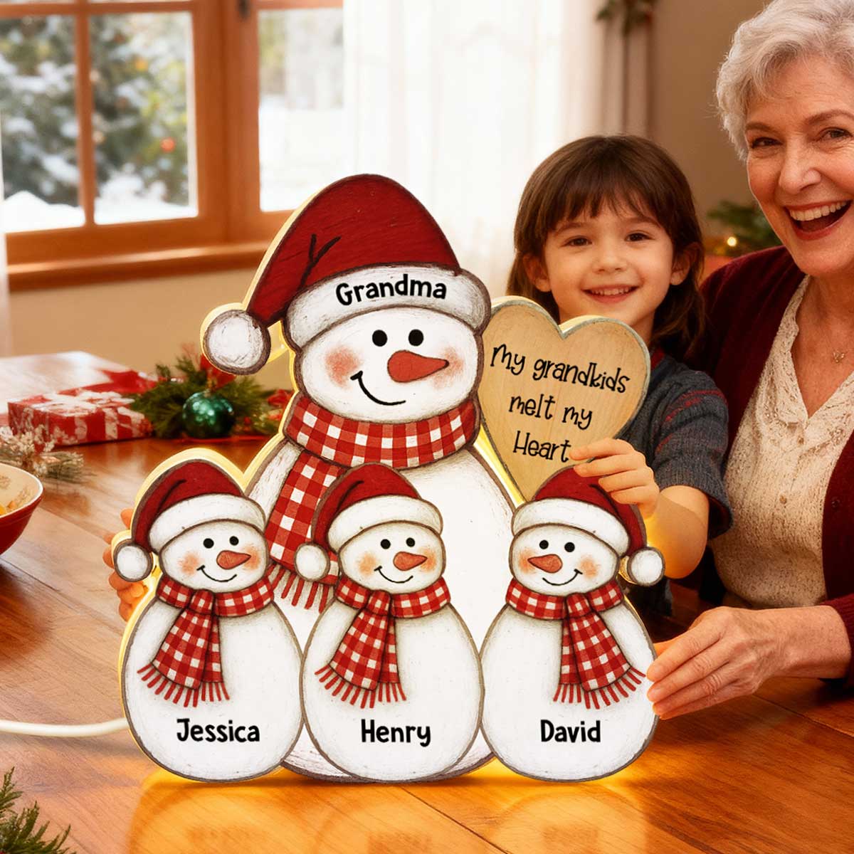 Folk Art Cute Snowman Grandma & Grandkid - Personalized Light Box - Christmas Decor For Grandma - Image 2
