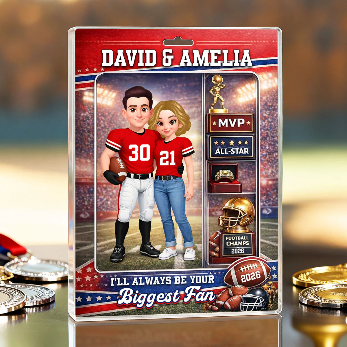 Football Couple Action Figure - Personalized Acrylic Block Plaque - Anniversary, Valentine's Day Gift, Gift For Him, Gift For Her - Image 3