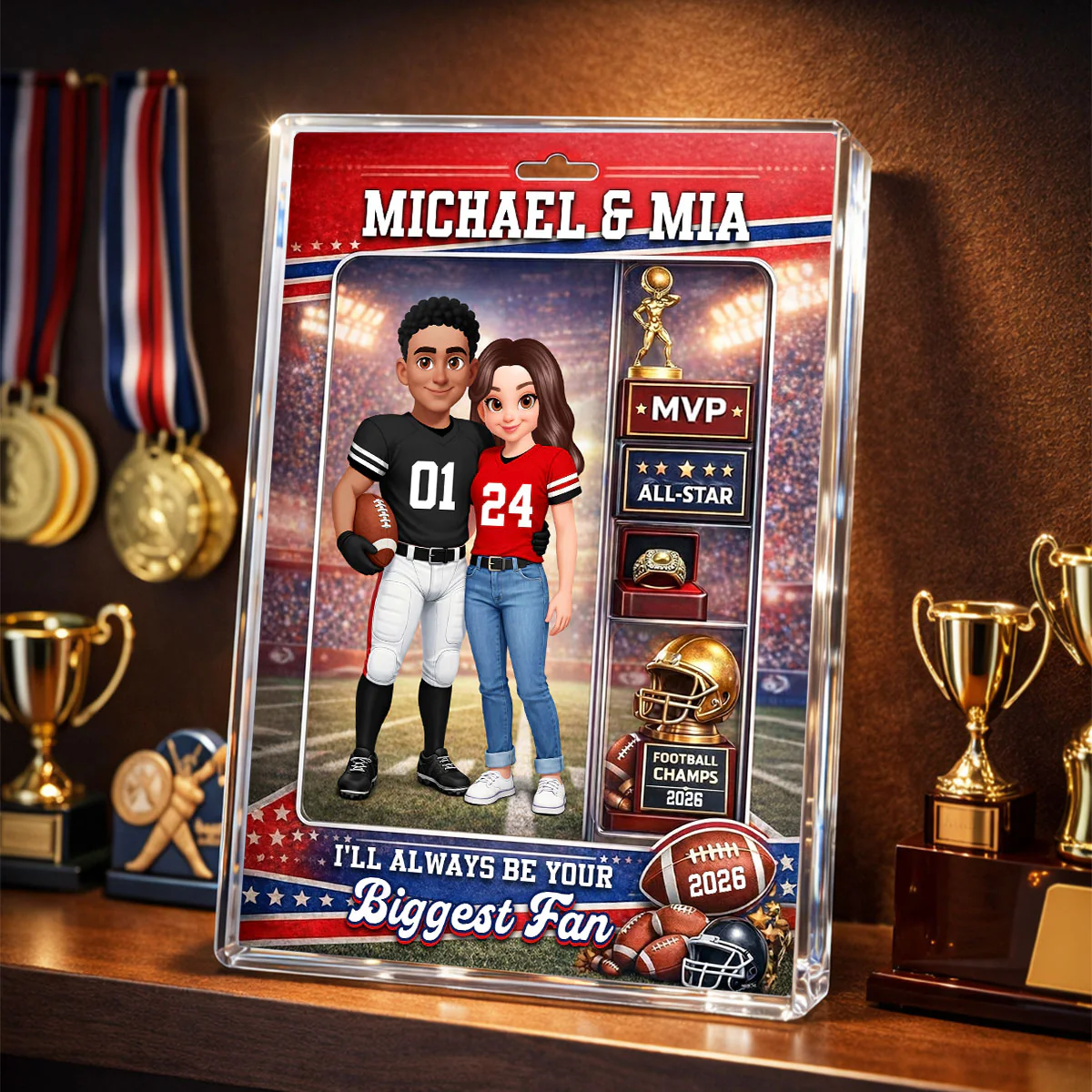 Football Couple Action Figure - Personalized Acrylic Block Plaque - Anniversary, Valentine's Day Gift, Gift For Him, Gift For Her - Image 4