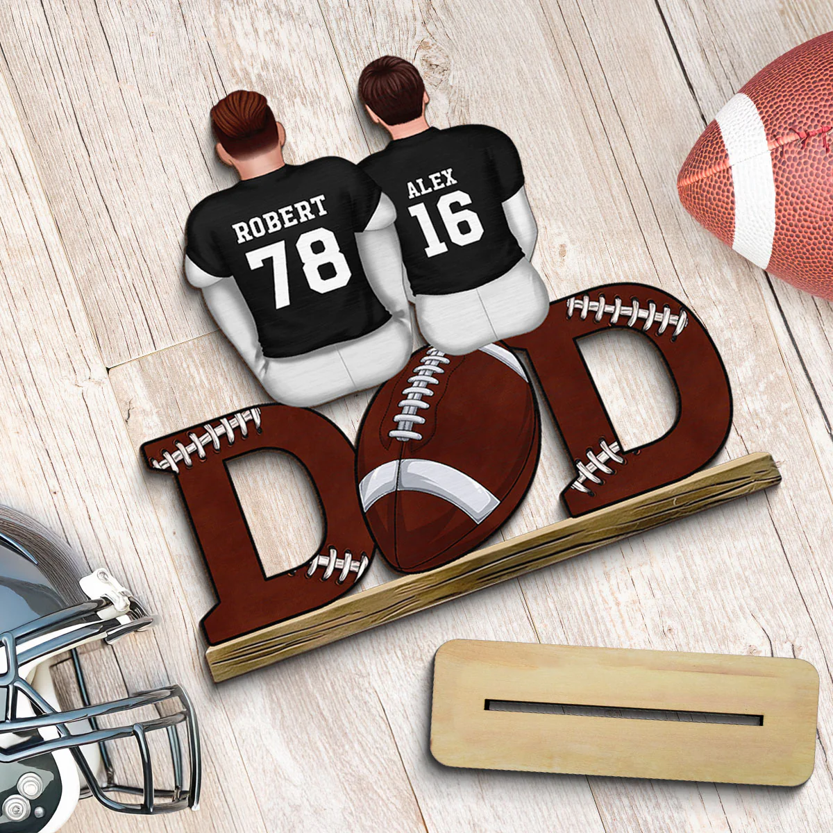 Football Dad And Kids Back View Personalized Standing Wooden Plaque, Gift for Husband, Gift for Dad - Image 3