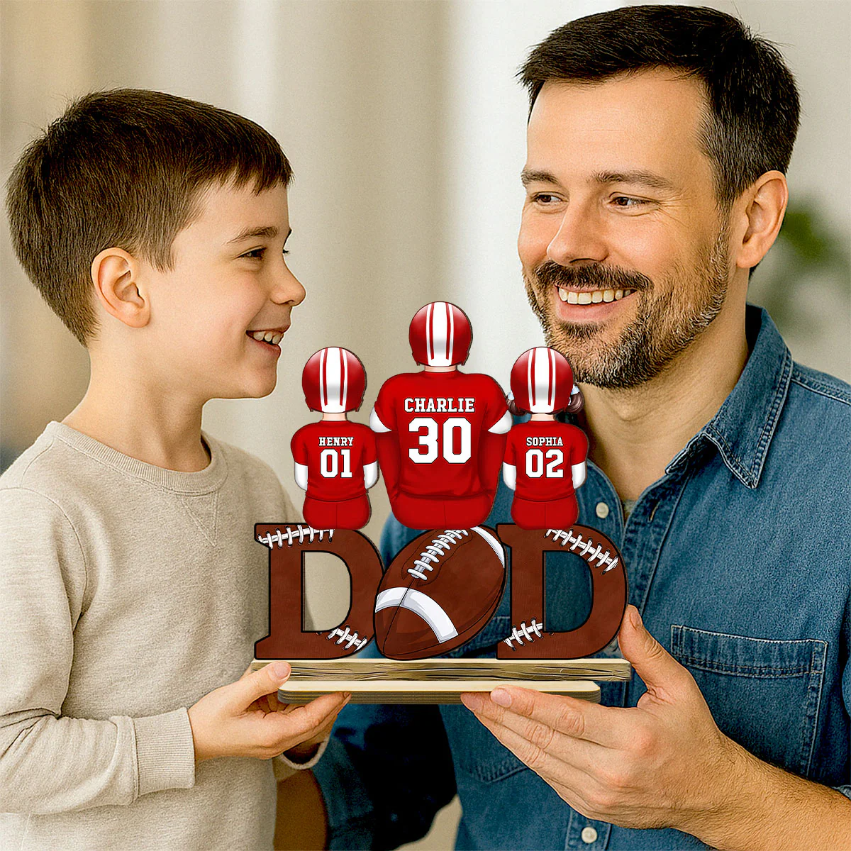 Football Dad And Kids Back View Personalized Standing Wooden Plaque, Gift for Husband, Gift for Dad - Image 4
